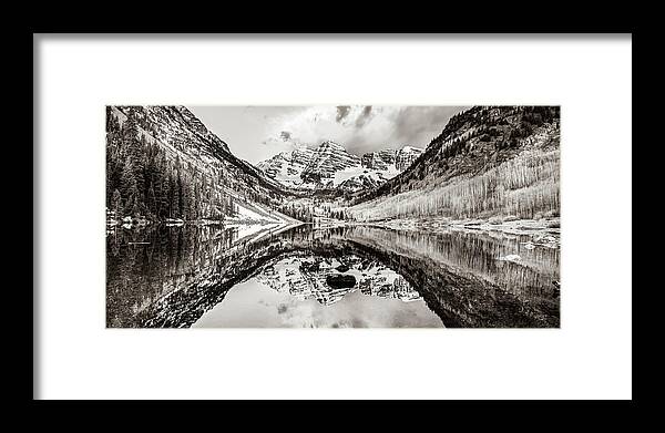 America Framed Print featuring the photograph Wide Angle Maroon Bells Panoramic Landscape - Sepia by Gregory Ballos