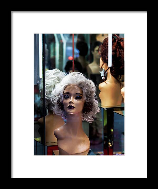Wig Store Window Framed Print featuring the photograph Wig Store Window by Robert Ullmann