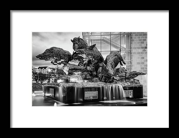 Fayetteville Framed Print featuring the photograph Elegance in Monochrome - Arkansas Football Stadium Fountain by Gregory Ballos