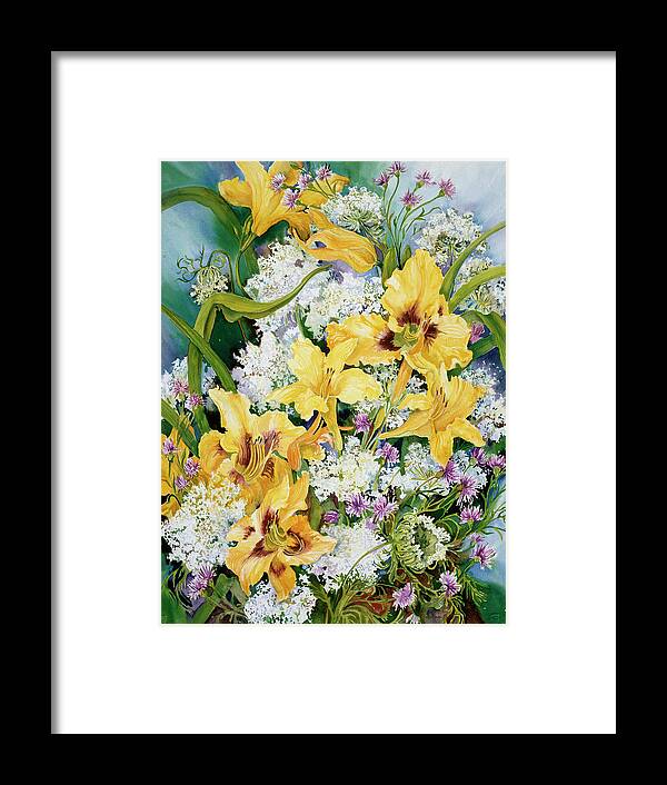 Wild Flowers And Day Lilies Framed Print featuring the painting Wild Flowers And Daylilies by Joanne Porter