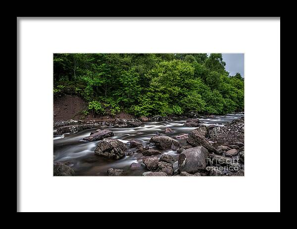 Background Framed Print featuring the photograph Wild Mountain River Streaming Through Green Forest in Scotland by Andreas Berthold