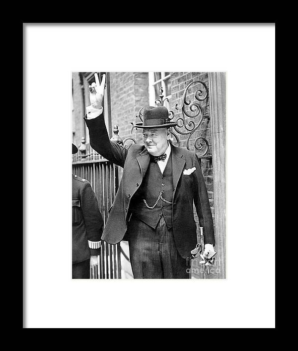 Churchill Framed Print featuring the photograph Winston Churchill showing the v sign by English School