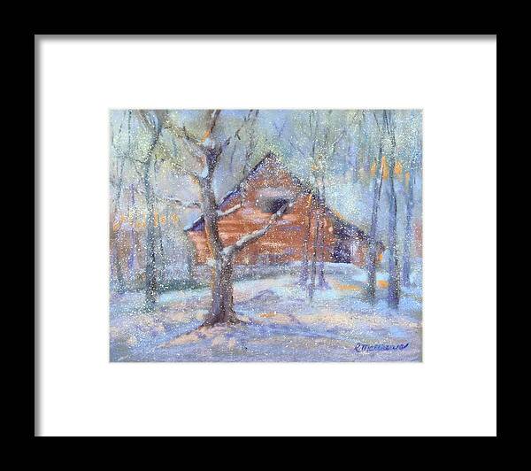 Snow Scene Framed Print featuring the pastel Winter at Stars Cave by Rebecca Matthews