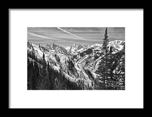 Maroon Bells Framed Print featuring the photograph Winter Bells Through The Trees Black And White by Adam Jewell