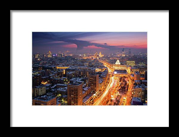 Panoramic Framed Print featuring the photograph Winter Cityscape At Sunset. Aerial View by Mordolff