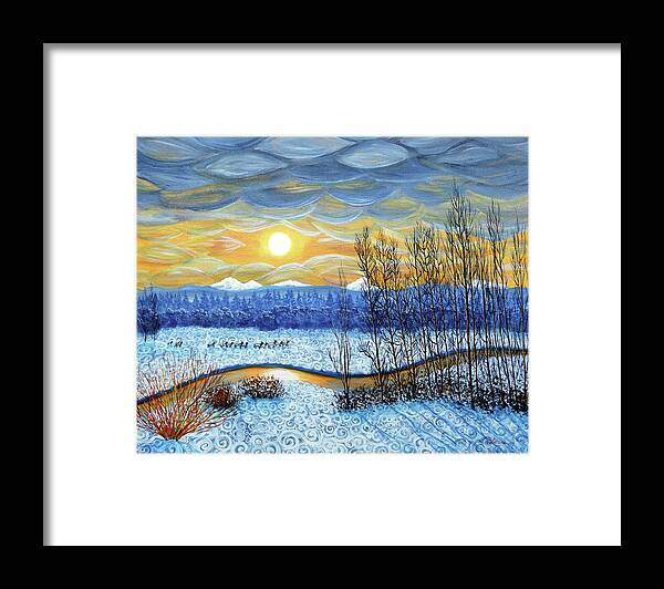Pacific Northwest Framed Print featuring the painting Winter River in Sunset by Laura Iverson