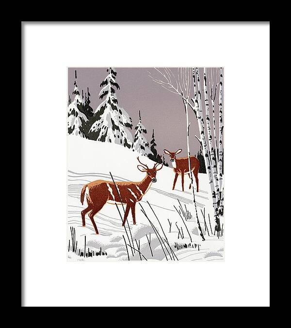 Animal Framed Print featuring the drawing Winter Scene of Deer in the Woods by CSA Images