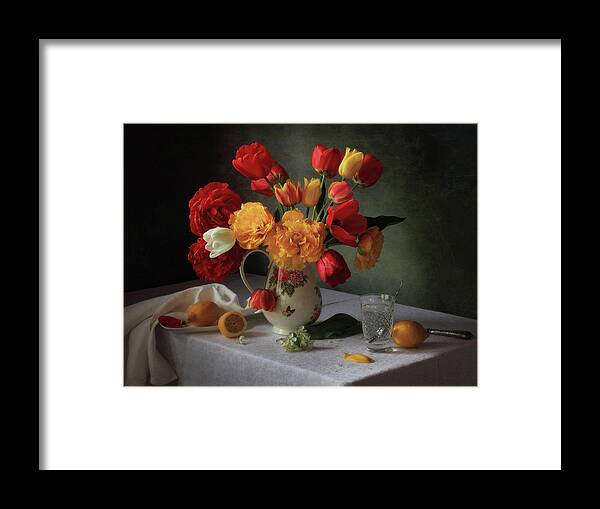 Still Life Framed Print featuring the photograph With A Bouquet Of Tulips by Tatyana Skorokhod (???????