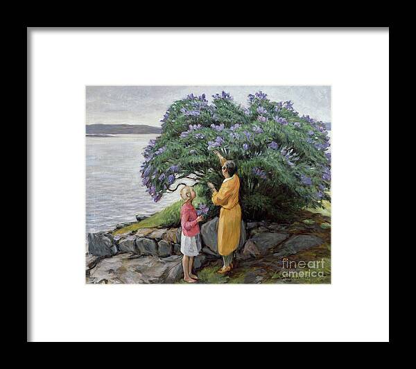 20th Century Framed Print featuring the painting Woman And Child By The Lilac Bush, 1927 by Thorvald Torgersen