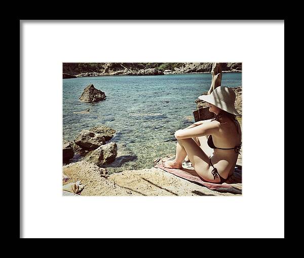 Shadow Framed Print featuring the photograph Woman At The Beach With Hat by Image Taken By Mayte Torres