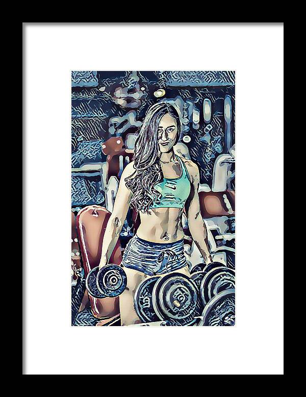 Woman Framed Print featuring the painting Woman Exercising With Two Old Dumbbells by Jeelan Clark