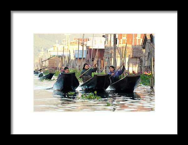 Three Quarter Length Framed Print featuring the photograph Woman In Boats In Inle Lake Myanmar by Nancy Brown/bass Ackwards