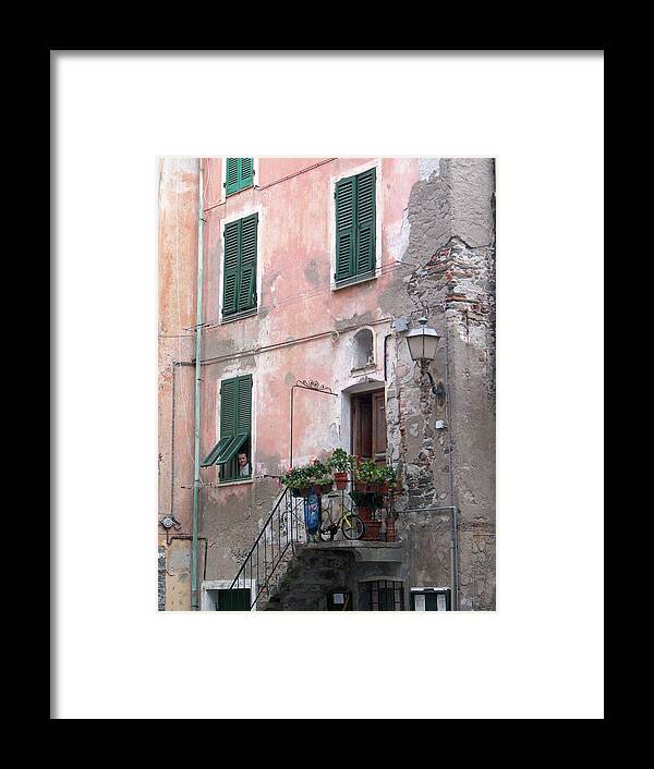 Cinque Terre Framed Print featuring the photograph Green Shutters by Leslie Struxness
