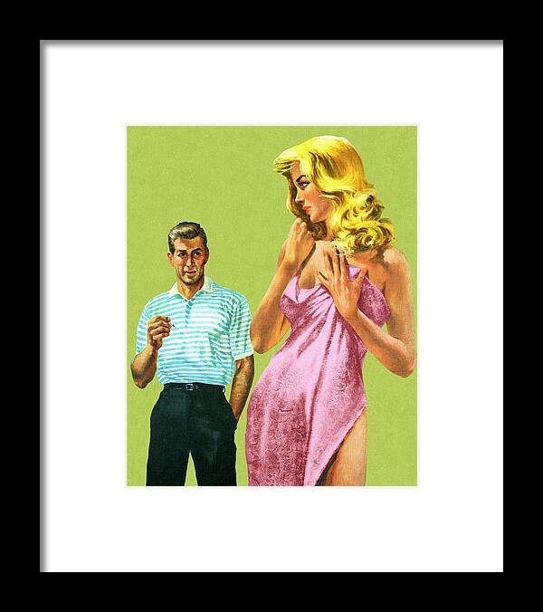 Adult Framed Print featuring the drawing Woman in Towel Looking at Man by CSA Images