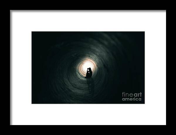 Shadow Framed Print featuring the photograph Woman Praying In A Dark Place by Sdominick