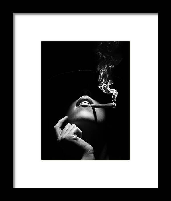 #faatoppicks Framed Print featuring the photograph Woman smoking a cigar by Johan Swanepoel
