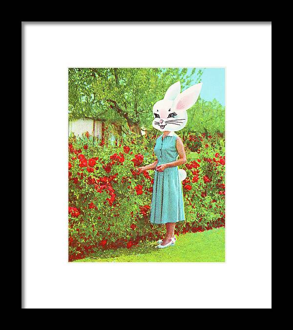 Adult Framed Print featuring the drawing Woman with a Rabbit Head Near a Rose Bush by CSA Images