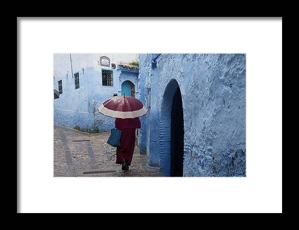Chefchaouen Framed Print featuring the photograph Woman with Blue Bag by Jessica Levant
