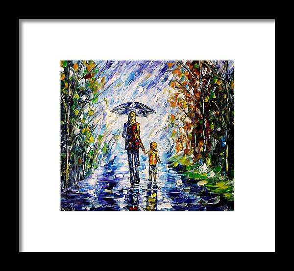 Mother And Child Framed Print featuring the painting Woman With Child In The Rain by Mirek Kuzniar