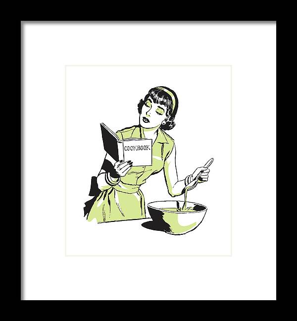 Adult Framed Print featuring the drawing Woman with Recipe Book and Mixing Bowl by CSA Images