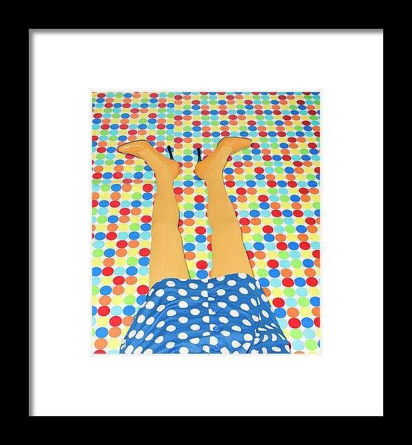 People Framed Print featuring the digital art Womans Yellow Legs On Polka Dot Floor by Mimi Haddon