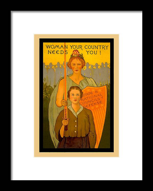 Shield Framed Print featuring the painting Women your Country Needs You! by Unknown