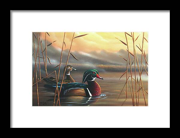 Wood Ducks Framed Print featuring the painting Wood Ducks by Geno Peoples