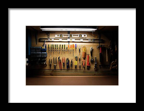 Black Color Framed Print featuring the photograph Workbench Series by Busypix