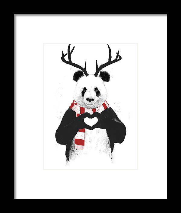 Panda Framed Print featuring the drawing Xmas panda by Balazs Solti