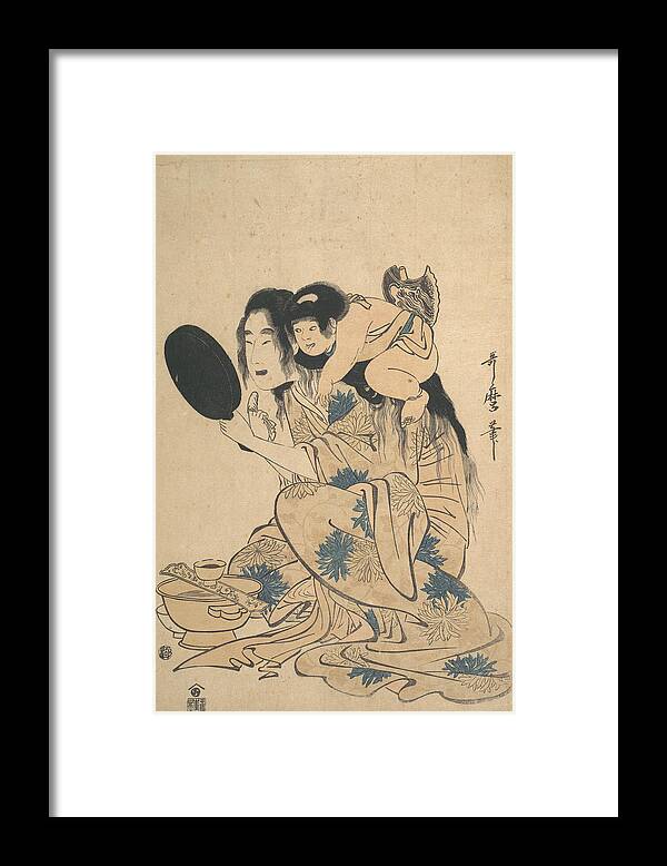 19th Century Art Framed Print featuring the drawing Yamauba blackening Her teeth and Kintoki by Kitagawa Utamaro