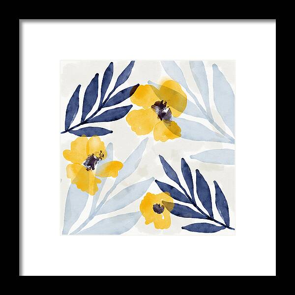 Flowers Framed Print featuring the mixed media Yellow and Navy 1- Floral Art by Linda Woods by Linda Woods
