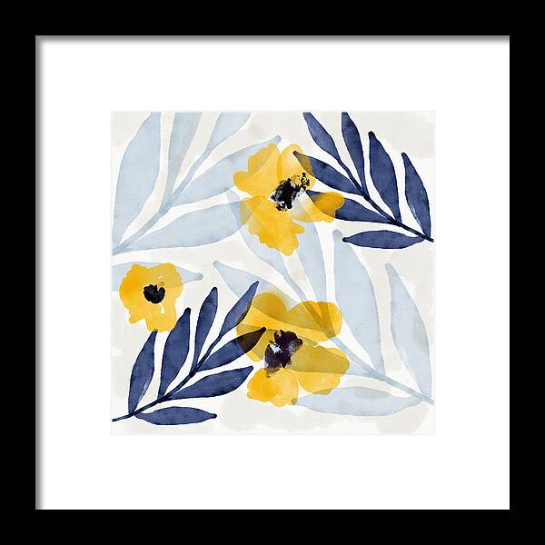 Flowers Framed Print featuring the mixed media Yellow and Navy 2- Floral Art by Linda Woods by Linda Woods