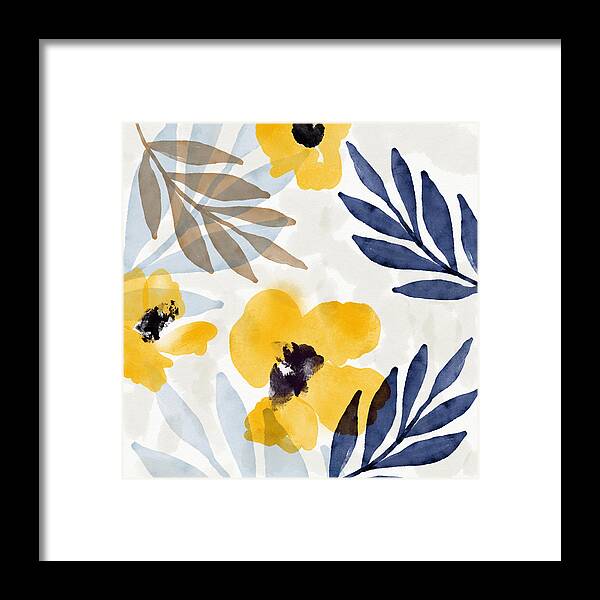 Flowers Framed Print featuring the mixed media Yellow and Navy 3- Floral Art by Linda Woods by Linda Woods