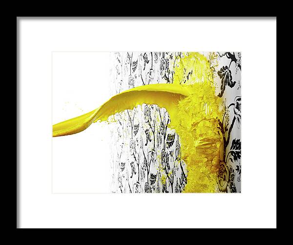 Art Framed Print featuring the photograph Yellow Paint Splattering On Wallpaper by Biwa Studio