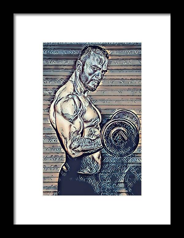 Young Framed Print featuring the painting Young muscular man lifting a dumbbell by Jeelan Clark