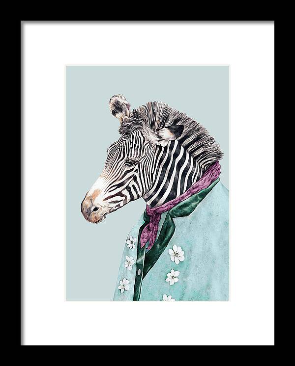 Boho Framed Print featuring the painting Zebra Blue by Animal Crew
