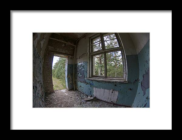 Empty Framed Print featuring the photograph Abandoned secret soviet military base - Distressed Room with a window #1 by Peter Gedeon
