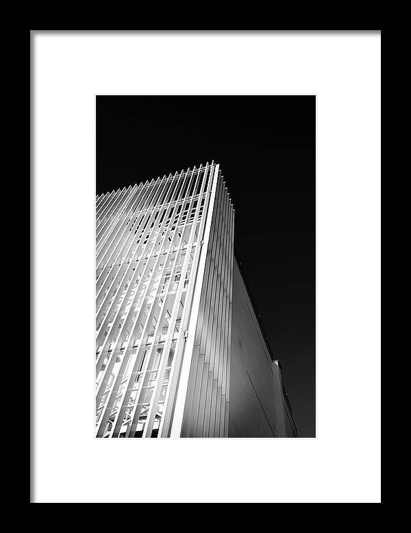 Architecture Framed Print featuring the photograph Abstract architecture design. Black and white futuristic exterior background. Black sky copy-space #2 by Michalakis Ppalis