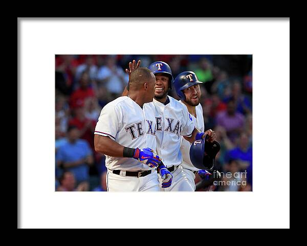 Adrian Beltre Framed Print featuring the photograph Adrian Beltre, Elvis Andrus, and Nomar Mazara by Tom Pennington