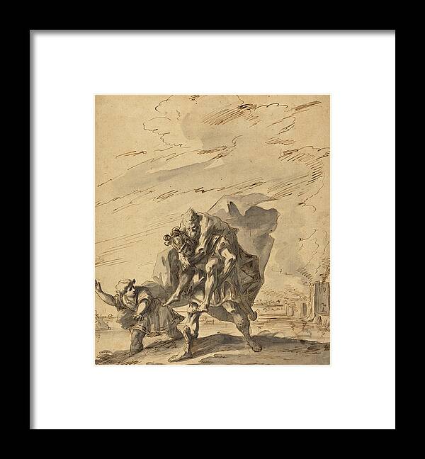 Gaspare Diziani Framed Print featuring the drawing Aeneas Carrying Anchises from Burning Troy by Gaspare Diziani