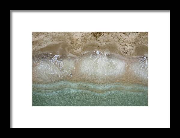 Golden Sand Framed Print featuring the photograph Aerial view drone of empty tropical sandy beach with golden sand. Seascape background by Michalakis Ppalis