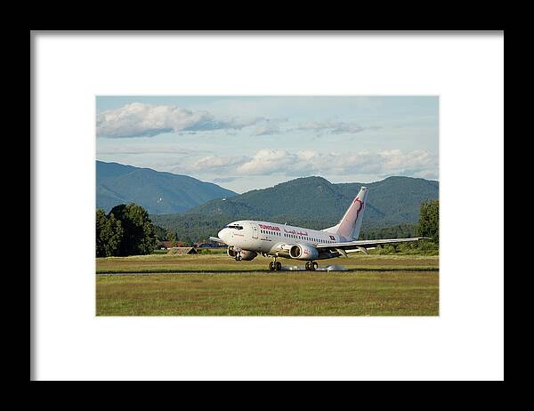 Plane Airplane Aircraft Machine Fly Flying Flight Aviation Aeros Framed Print featuring the photograph Airplane landing at Ljubljana Joze Pucnik Airport, Slovenia. #1 by Ian Middleton