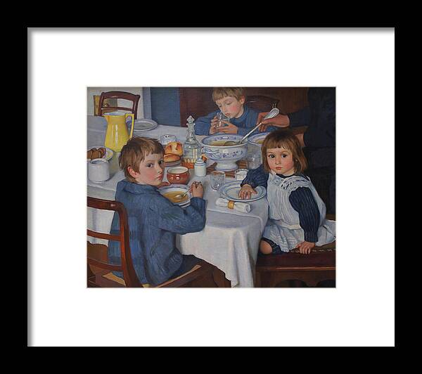 Children Eating Breakfast Framed Print featuring the painting At Breakfast #1 by Zinaida Serebryakova