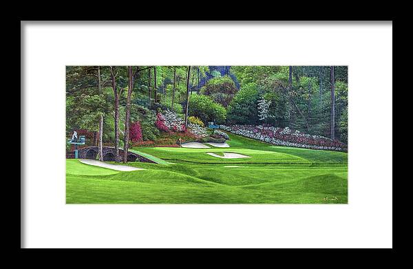 Augusta National Framed Print featuring the painting Augusta National Golf Club Masters Amen Corner Hole 12 Golden Bell Art golf course oil painting art #1 by Phil Reich