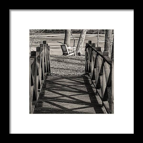 Foot Bridge Water Snow Ice Chair Black White Framed Print featuring the photograph Baily's arboretum2 #1 by John Linnemeyer