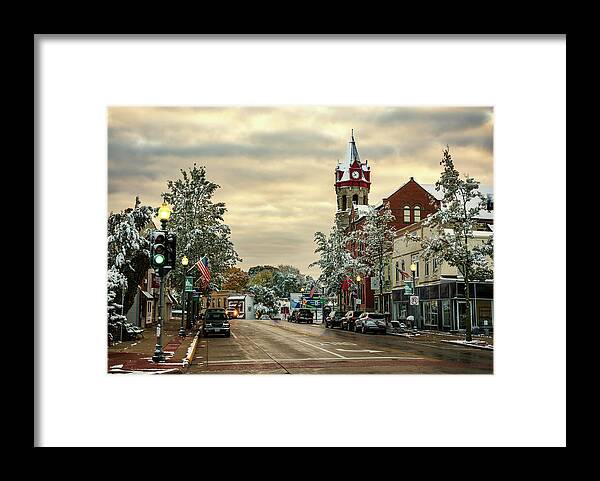 Stoughton Framed Print featuring the photograph Beautiful Bedazzled Burg - Stoughton Wisconsin dusted with snow with fall colors still showing by Peter Herman