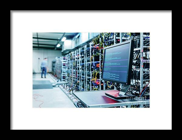 Bitcoin Framed Print featuring the photograph Bitcoin and crypto mining farm. Big data center. #1 by Michal Bednarek