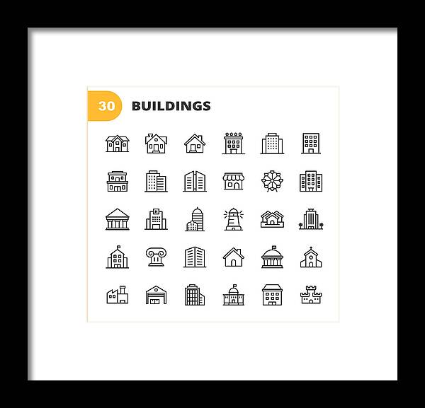 Corporate Business Framed Print featuring the drawing Building Line Icons. Editable Stroke. Pixel Perfect. For Mobile and Web. Contains such icons as Building, Architecture, Construction, Real Estate, House, Home, School, Hotel, Church, Castle. #1 by Rambo182
