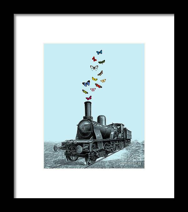 Steam Locomotive Framed Print featuring the digital art Butterfly Train #1 by Madame Memento