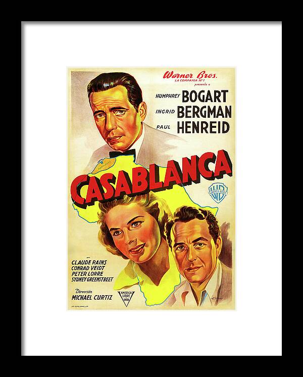 Tomey Framed Print featuring the mixed media ''Casablanca'', with Humphrey Bogart and Ingrid Bergman, 1942 by Movie World Posters